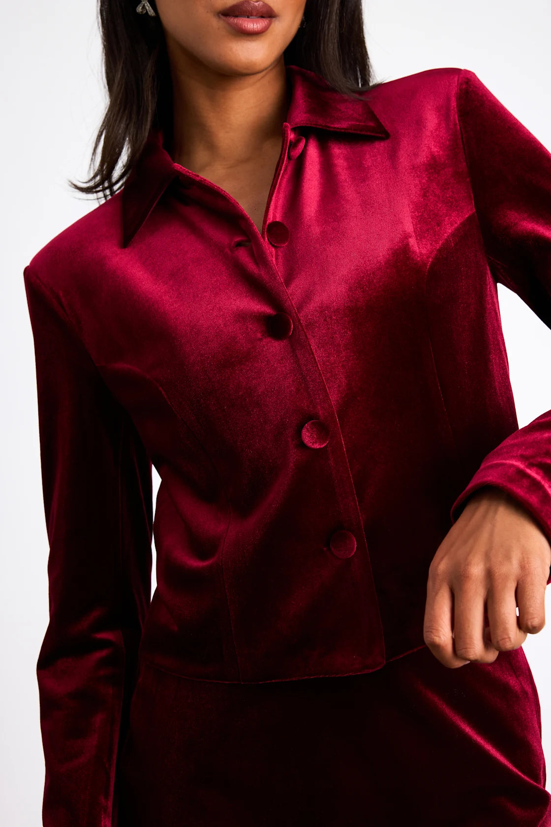 Bettany Black Velvet Button-Front Collared Jacket