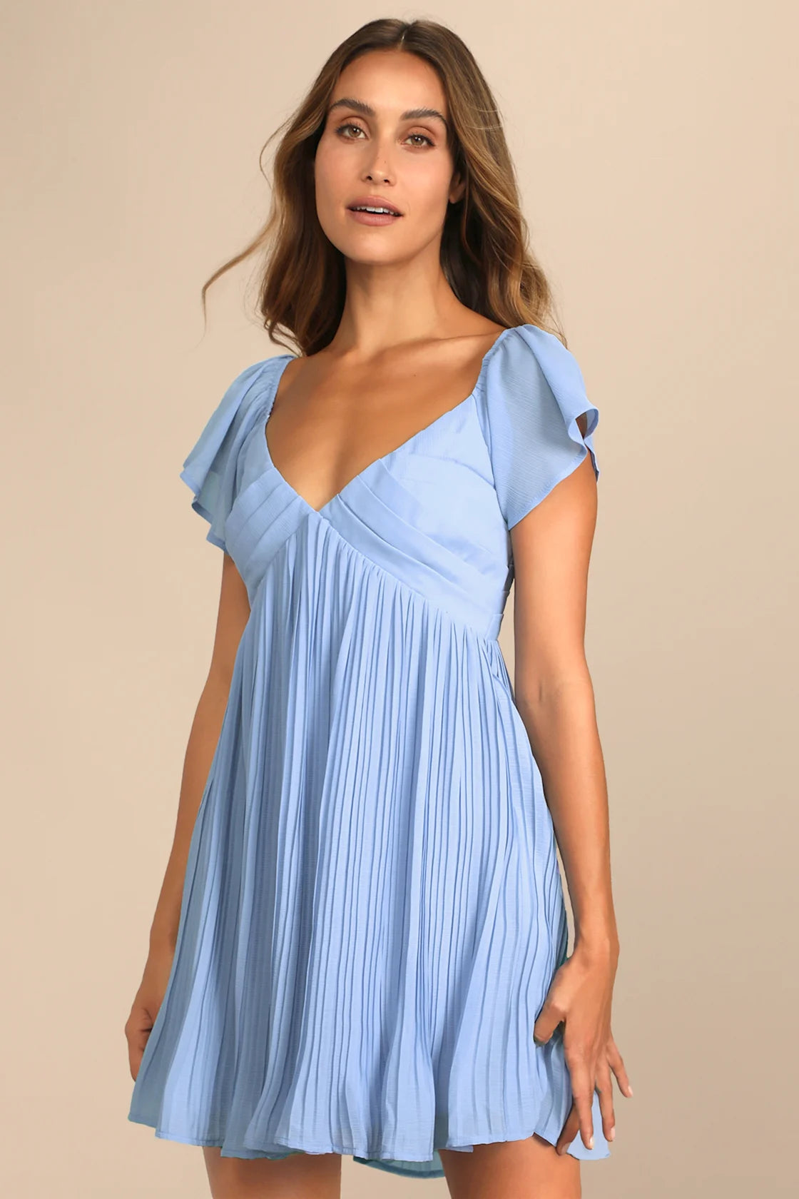 Amalfi Coast Emerald Pleated Flutter Sleeve Mini Dress