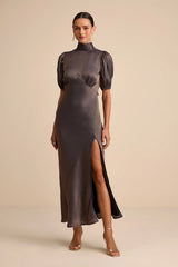 alira Light Blue Satin Lurex Mock Neck Cutout Maxi Dress