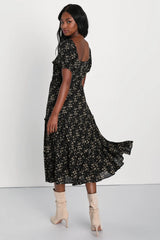 Adorable Ideal Burgundy Floral Print Tiered Ruffled Midi Dress