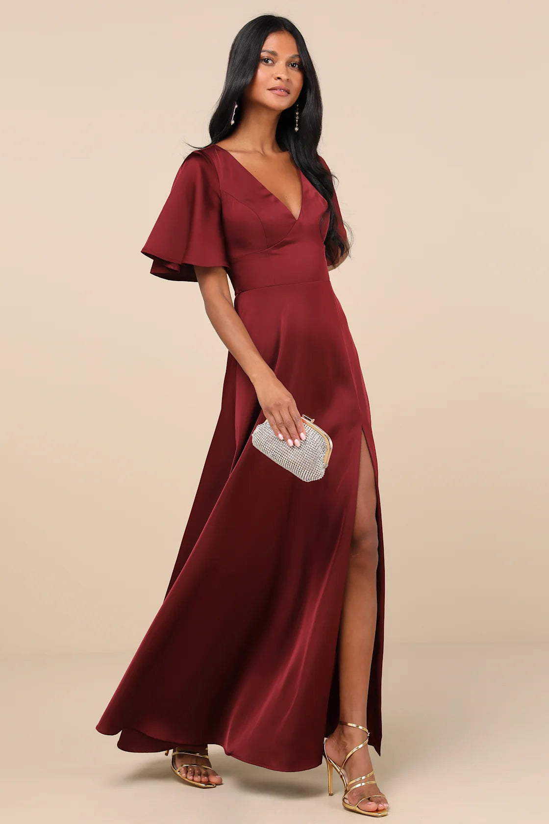 Elegant Confidence Navy Satin Flutter Sleeve Cutout Maxi Dress