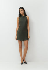 Audience Satin Mini Halter Dress - FLINT GREEN