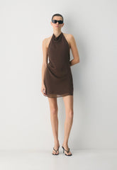 Fête Chiffon™ Audience Mini Halter Dress - RICH MOCHA BROWN
