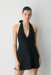 Nightscape Linen Halter Micro Dress - BLACK